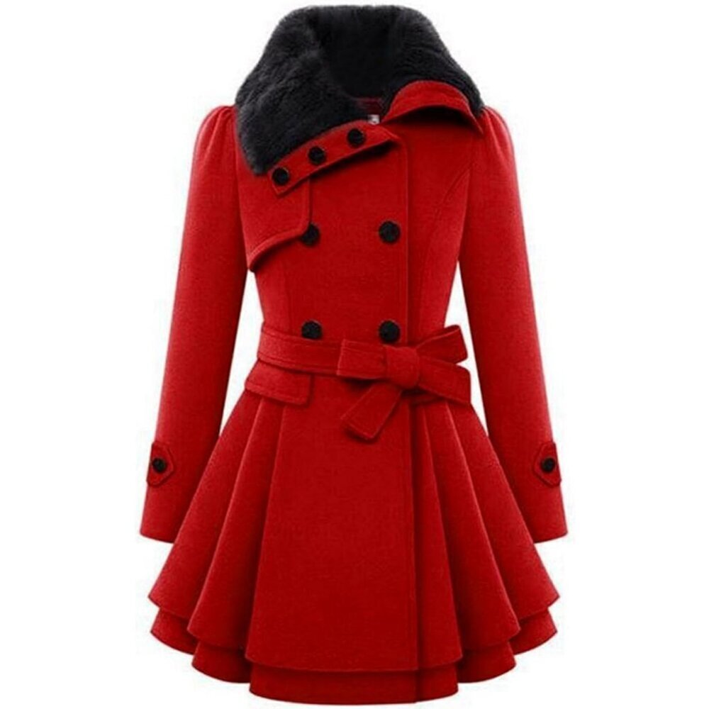 🆕Women's Red Zeagoo Winter Trench Coat Faux Fur Lapel Double Breasted